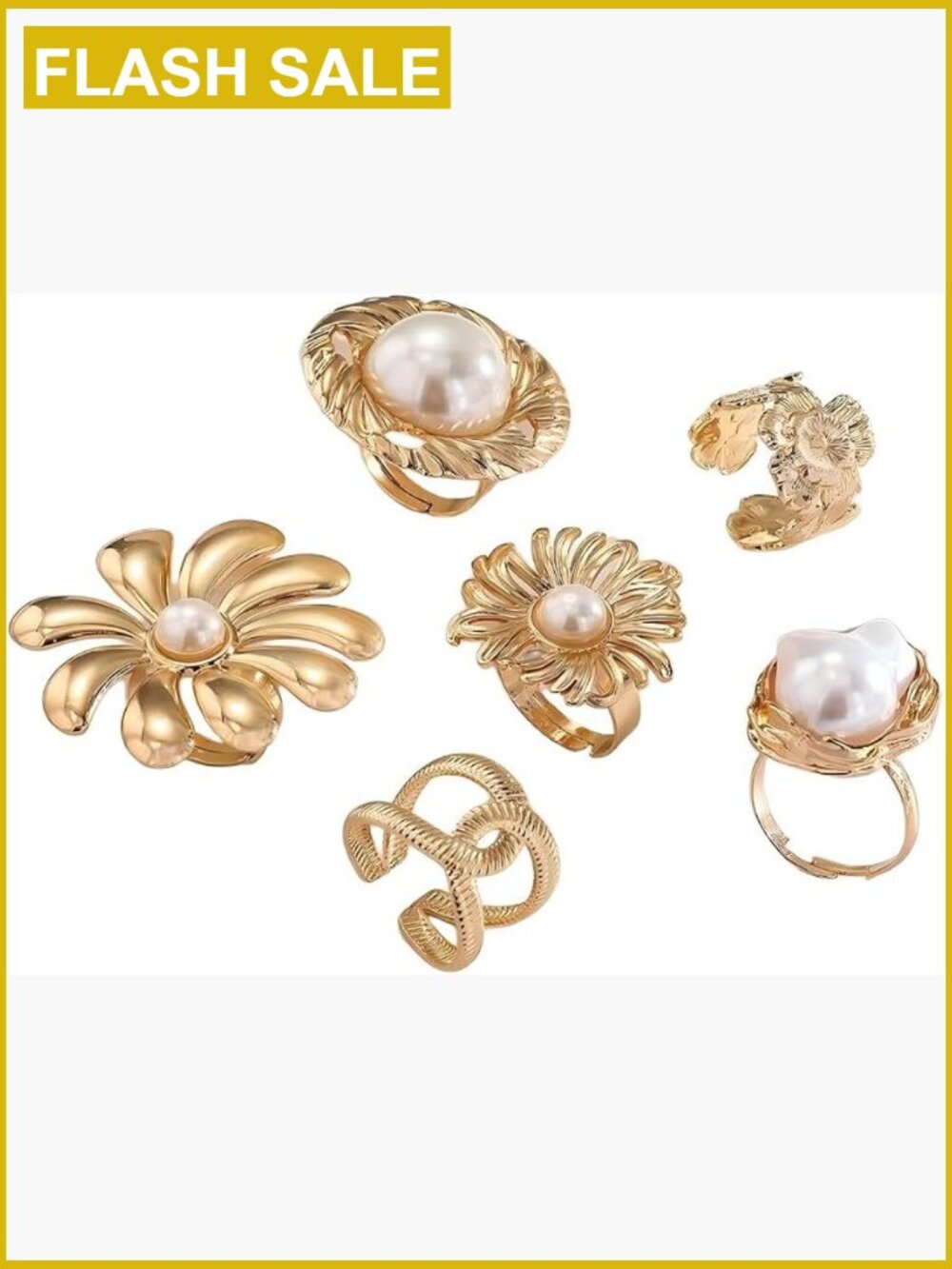 6Pcs Floral Design Adjustable Statement Rings Set, Vintage Gold Tone Fashion